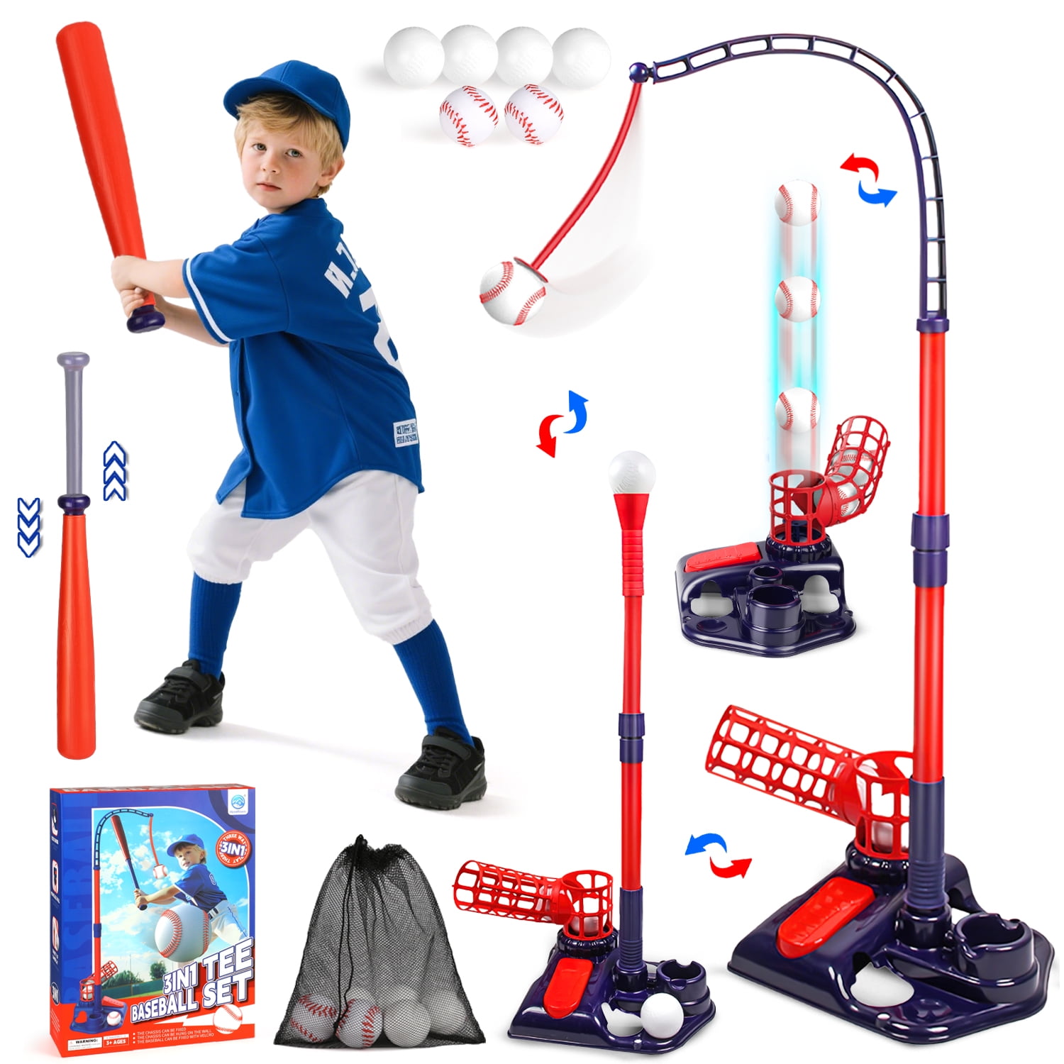 Carsky 3-in-1 Convertible T‑Ball Playset – Automatic Pitching & Tee Mode, Swing Bat & Adjustable Baseball Sports Kit, Portable Outdoor Toy for Kids Ages 3-7
