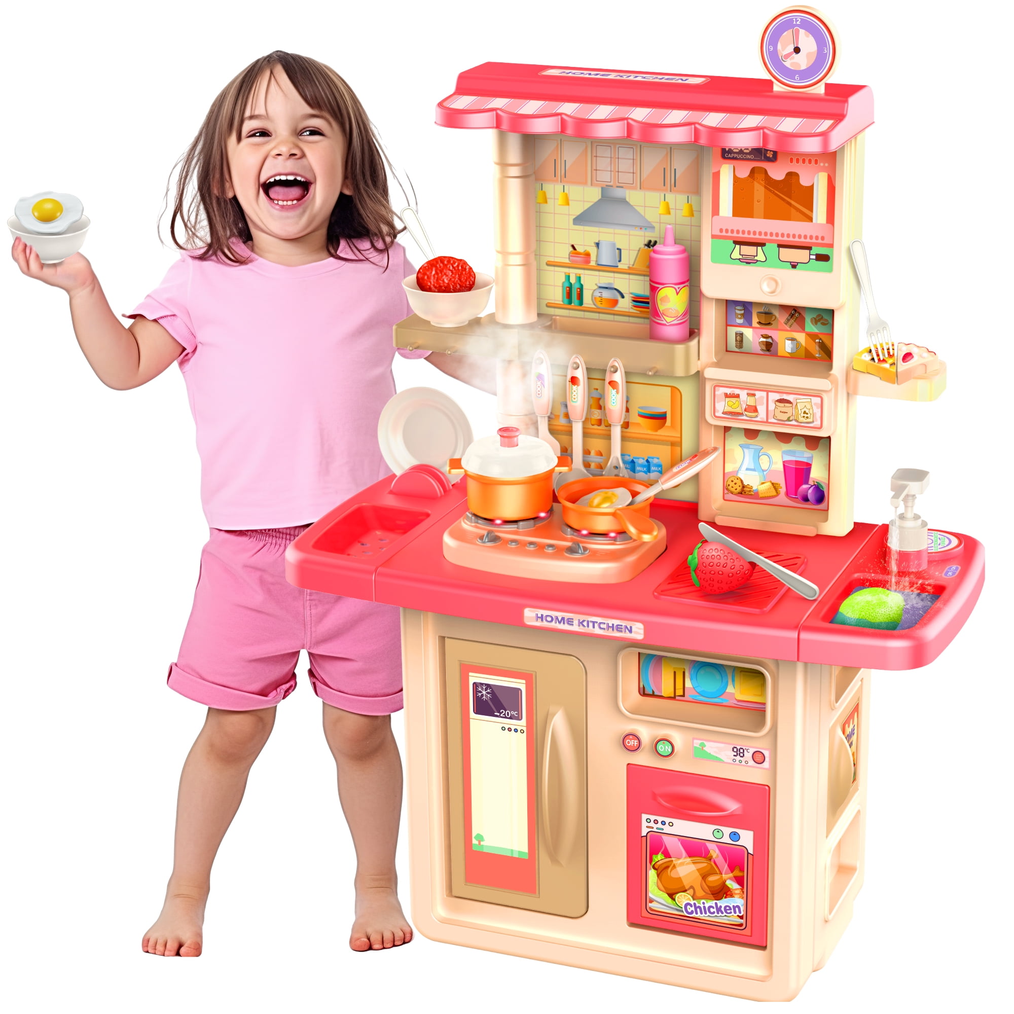 Hot Bee 34 inch Pink Play Kitchen Sets for Girls, Safe&Fun Pretend Play