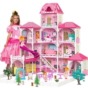 Carsky Dollhouse for Girls,4-Story 12 Rooms Playhouse with 2 Dolls Toy Figures,Pretend Doll House with Accessories,Gift Toy for Kids Ages 3 4 5 6