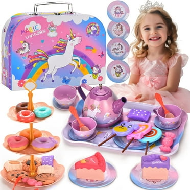 Hot Bee 48pcs Pretend Play Girl Toys for Ages 3-6 Years, Princess Tea Time Kitchen , Unicorn Tea Party Set for Little Girls, Birthday Gift for Girls Age 3-6.