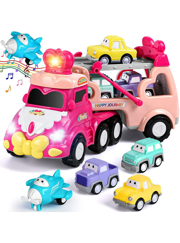 Hot Bee 5 in 1 Carrier Car Toy Sets for Kids, Pink Princess Car Toys for Girls Toddlers Kids 2 3+, Child Play Birthday Gifts Christmas Gift Toys for Girls Party Favors