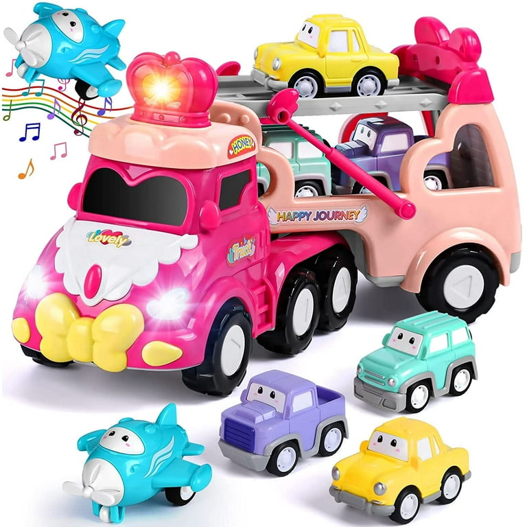 Hot Bee 5 in 1 Carrier Car Toy Sets Pink Princess Car Toys for Girls 4 Child Play Birthday Gifts Christmas Gift Toys for Girls Party Favors