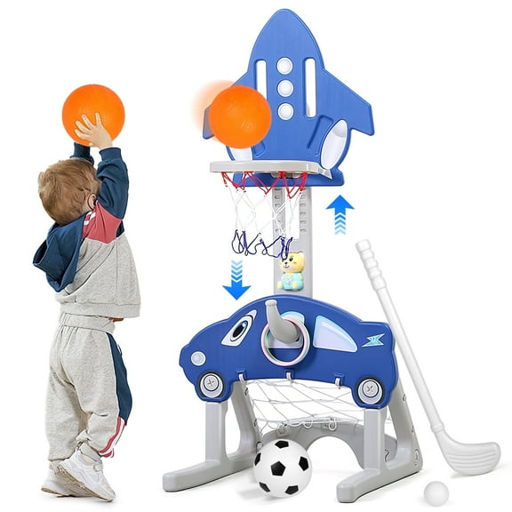 Hot Bee 5 in 1 Sports Activity Center for Kids, Adjustable Height Basketball Hoop Airplane, Soccer Game&Toy Golf, Ring Toss w/ Storyteller, Indoor/Outdoor Birthday Gifts for Boys&Girls Aged 3+