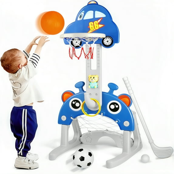 Hot Bee 5 in 1 Sports Activity Center for Toddlers, Adjustable Height Basketball Hoop, Toy Golf, Soccer Game&Ring Toss, Indoor/Outdoor Christmas Birthday Gifts for Boys&Girls Aged 3-6