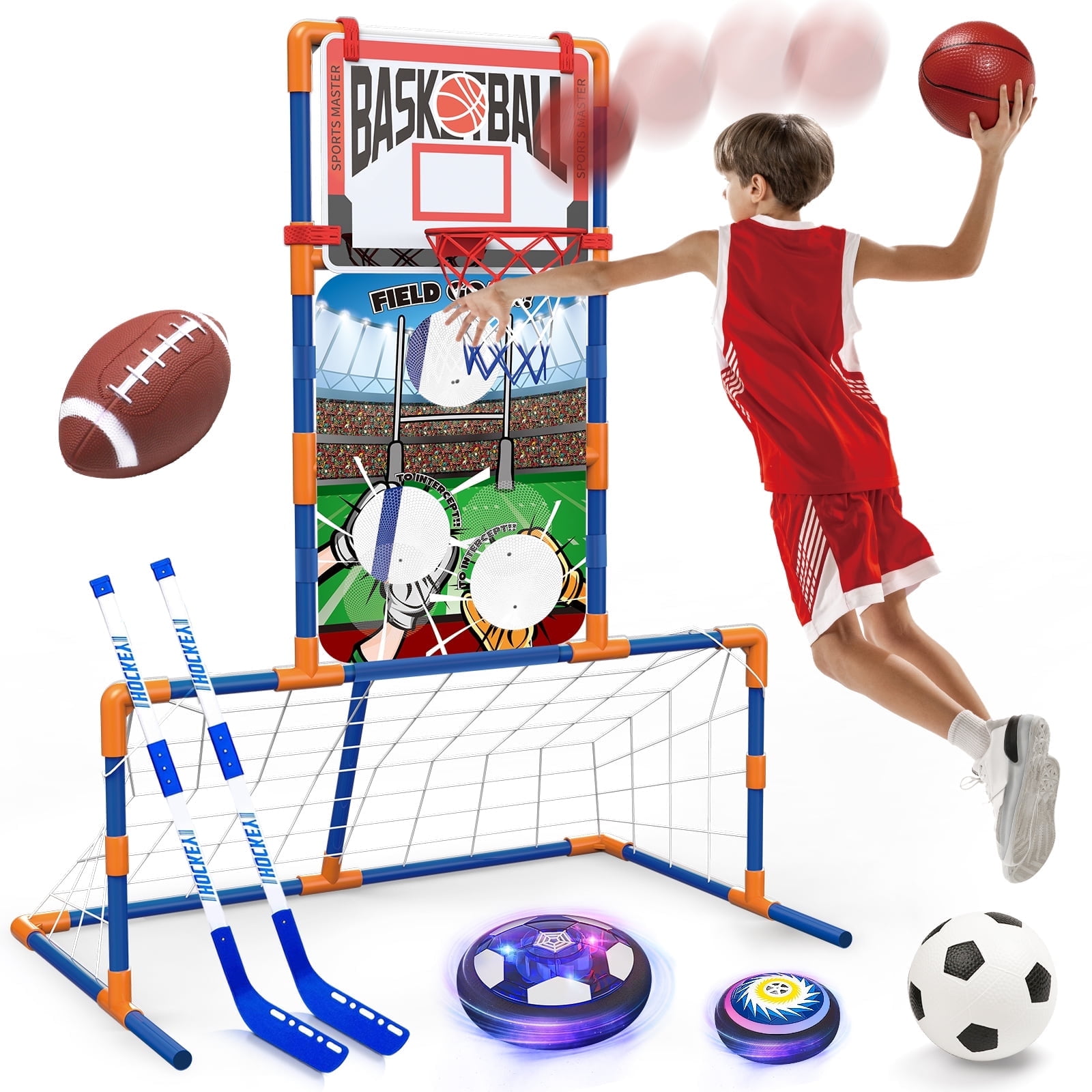 Hot Bee 5 in 1 Sports Center Basketball Hoop Toys for Boys 3 4 5 6 7 8 + Years Old, Soccer Goal, Hover Ball, Bean Bag Toss and Hockey for Kids Toddlers Outdoor Toys