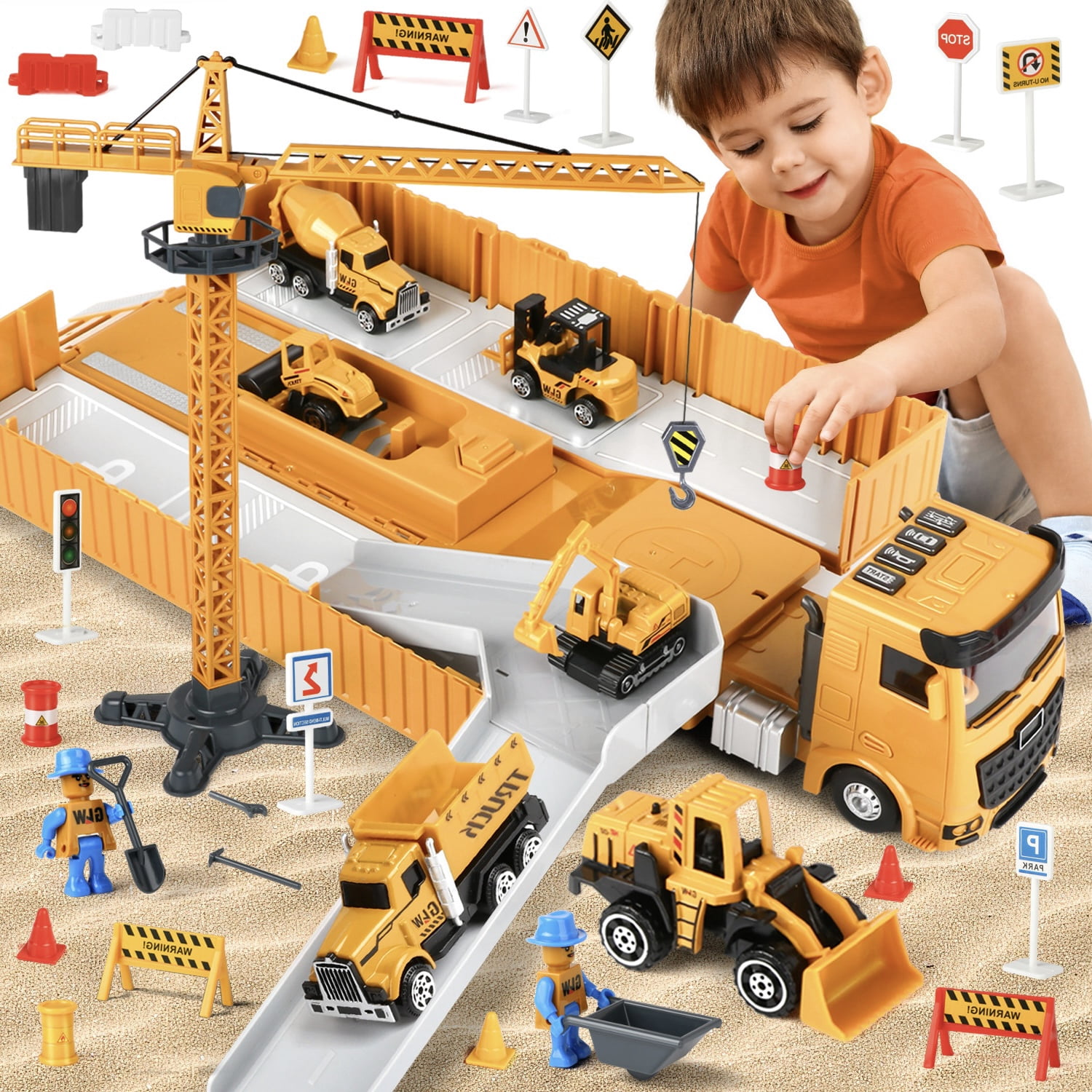 Carsky 51PCS Construction Vehicle Playset with Tower Crane, Alloy Truck Set with 6 Die-Cast Cars, 2 Figures & Accessories – Gift Toy for Boys Ages 4-8