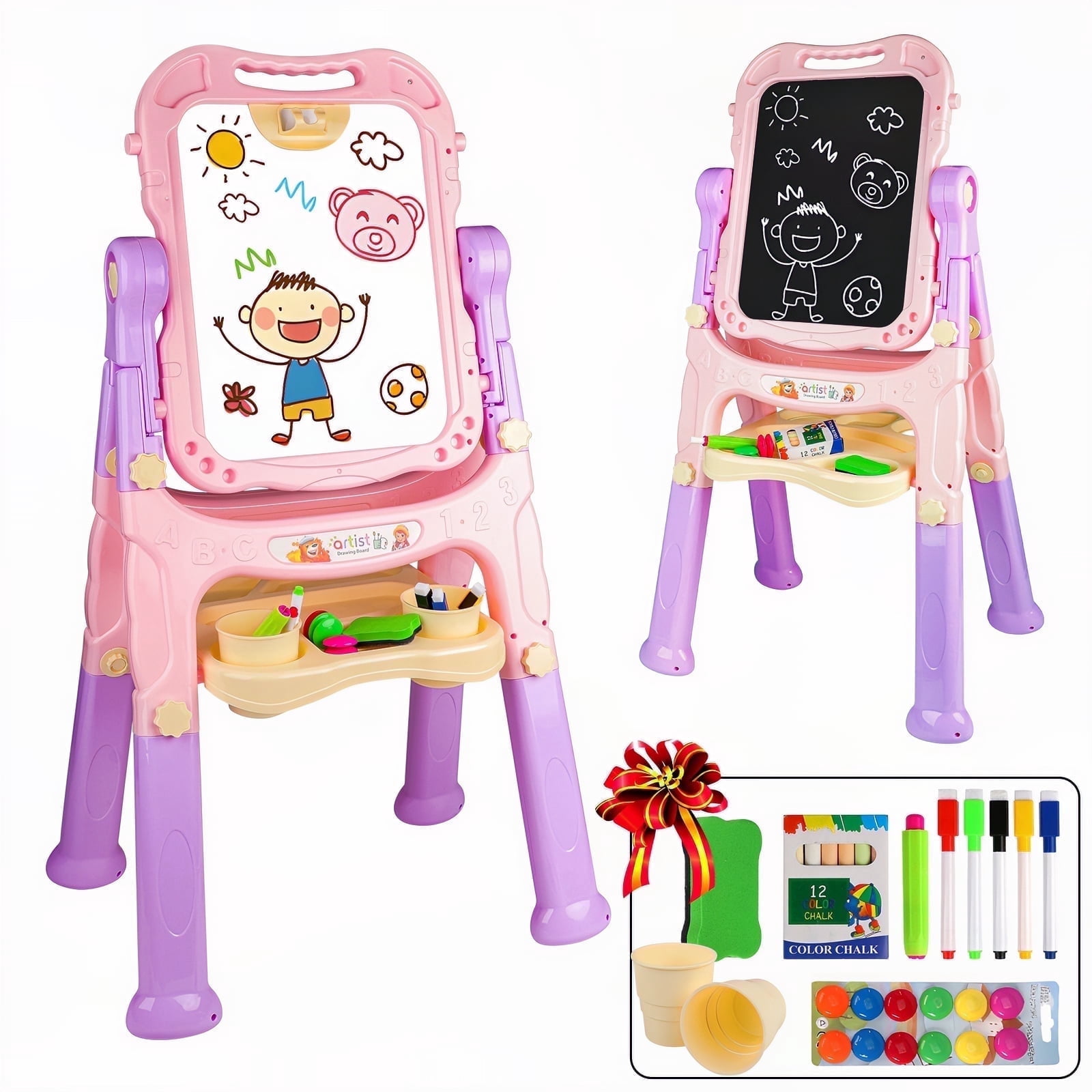 Carsky Art Easel for Kids 2-4, Double-side Standing Easel for Toddlers, Magnetic Drawing Board w/ Painting Accessories, Art Supplies Christmas Gifts for Little Boys Girls 3+, Middle Size Pink
