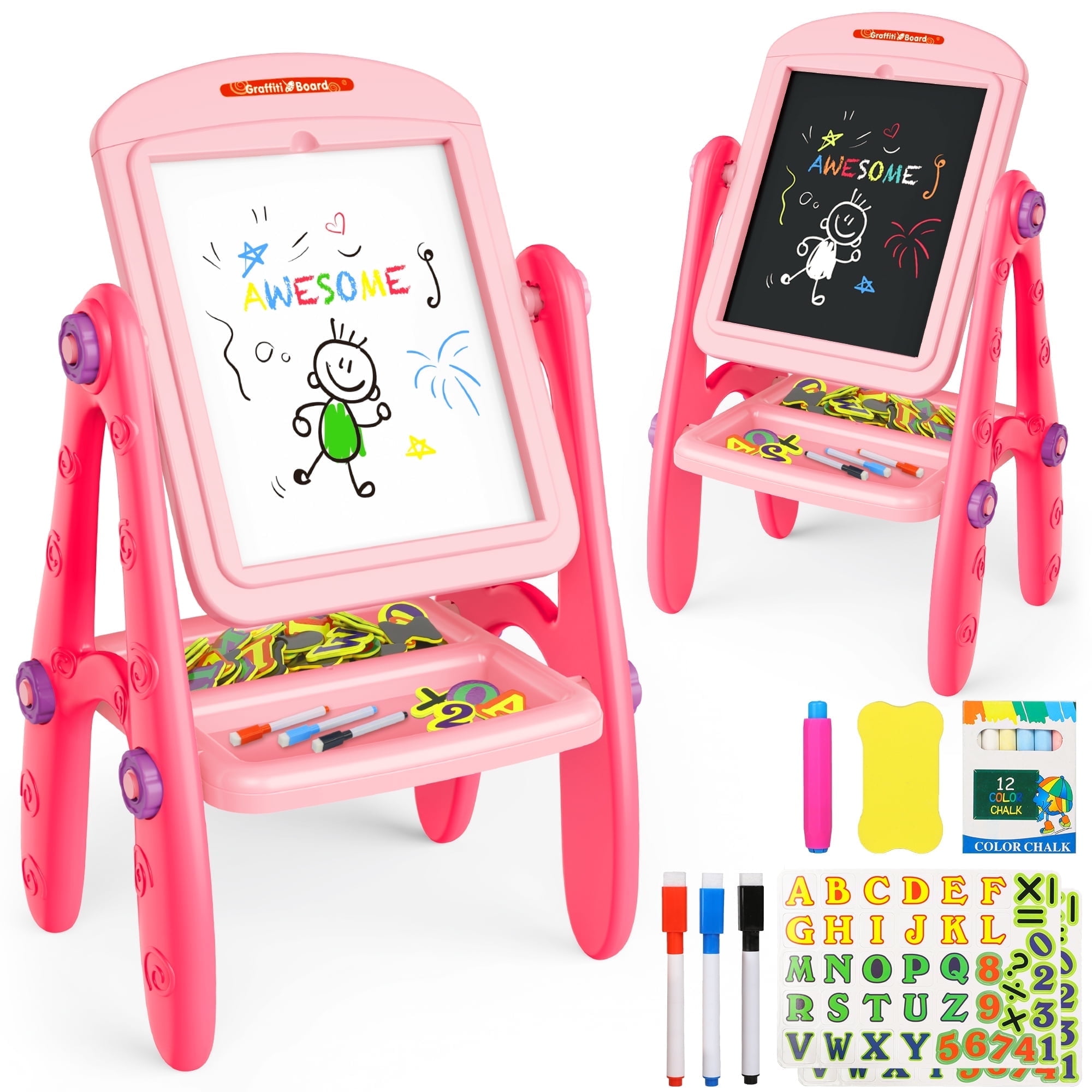 Hot Bee Art Easel for Kids Toddlers Girls Ages 3 4 5 6 Years, Rotatable Drawing Board Standing, Double Sides with Whiteboard & Chalkboard, Birthday Christmas Gifts(Pink).