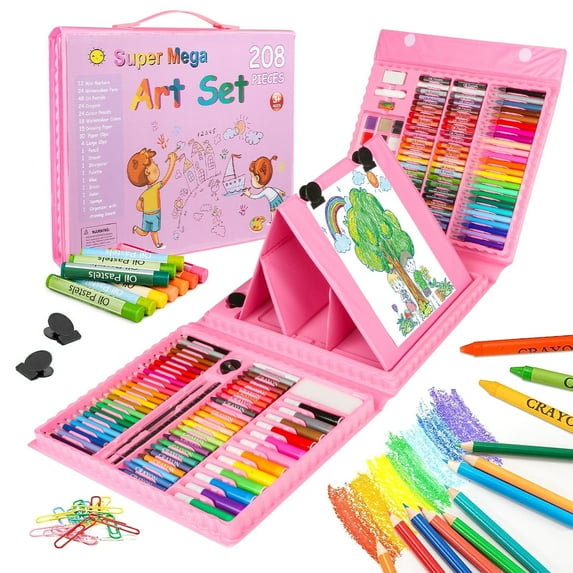 Hot Bee Art Set for Kids, Color Set with 208 Pcs Art Supplies, Pink Coloring Kit for Girls 4-6, Perfect Christmas Gifts Drawing Arts & Crafts Kit for School and Art Beginners 3+