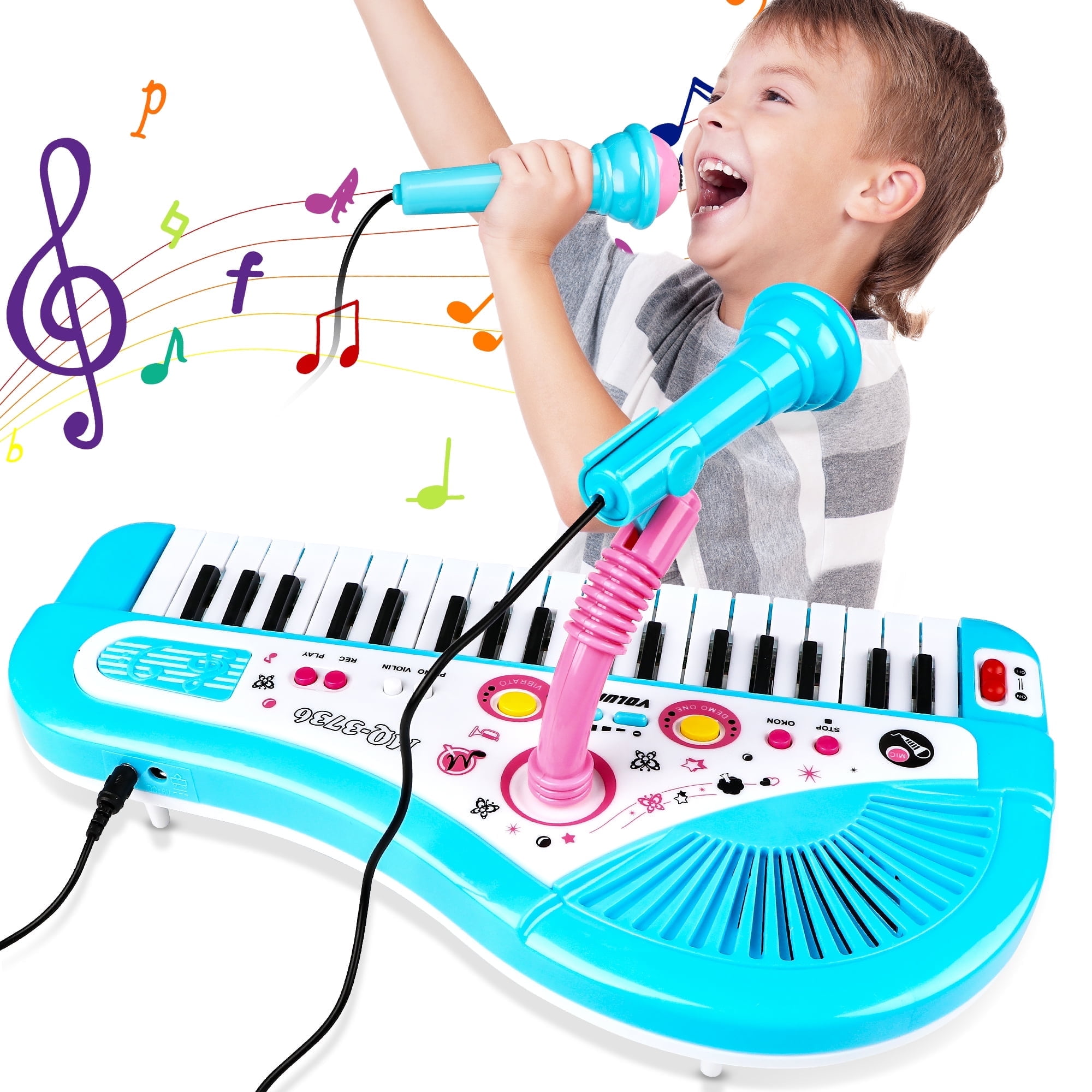 Hot Bee Baby Piano Toys for Kids, Blue Musical Keyboard Instrument with Microphone for Toddlers Boys Girls Christmas Gift Aged 4 5 6+, Musical Birthday Gift for Kids 3+