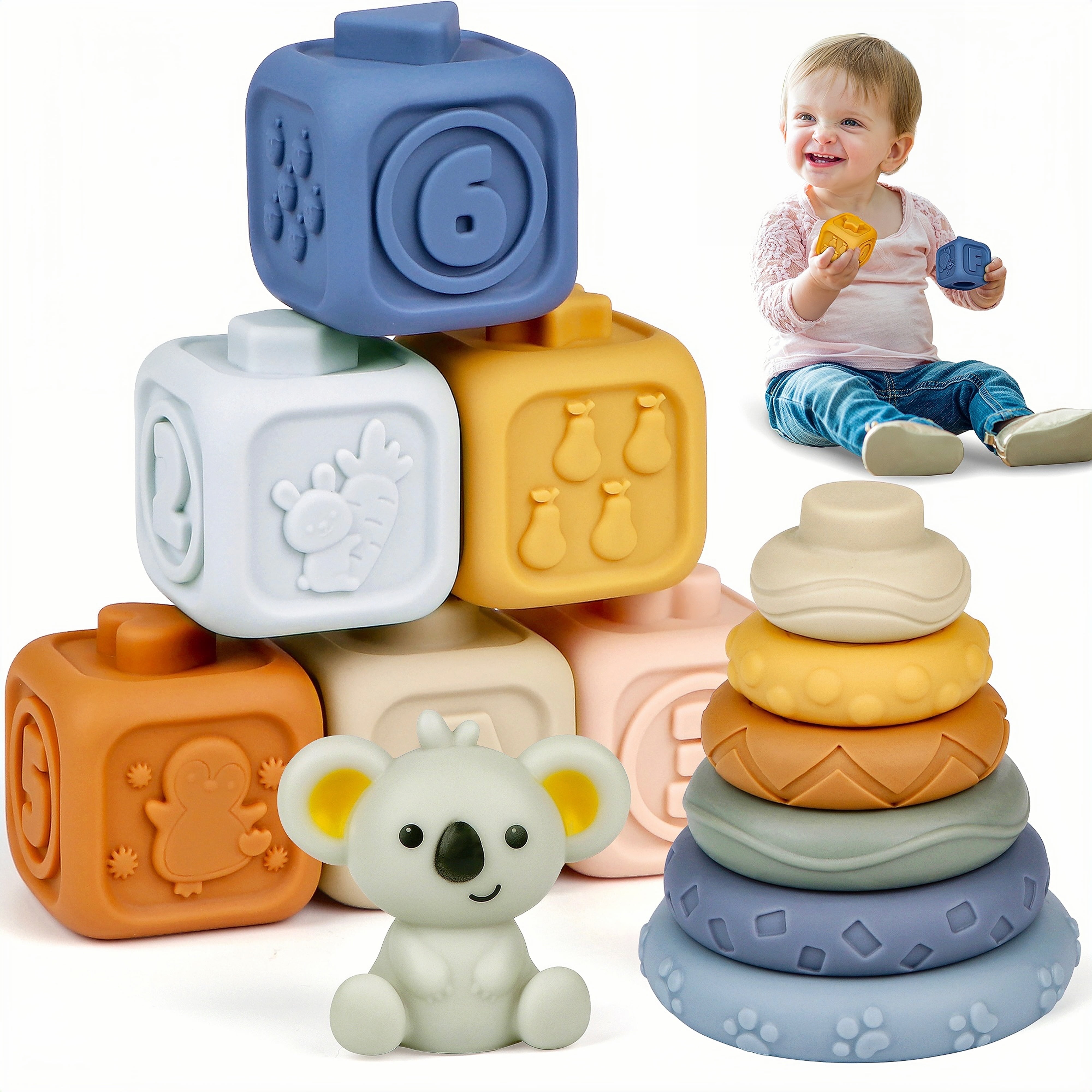 Hot Bee Stacking Blocks for Toddlers, Sensory Soft Stacking Teething Rings, Educational Learning Montessori Toys&Bath Toys for Preschooler 6 Months up, Birthday Toy Gift Toys for Babies