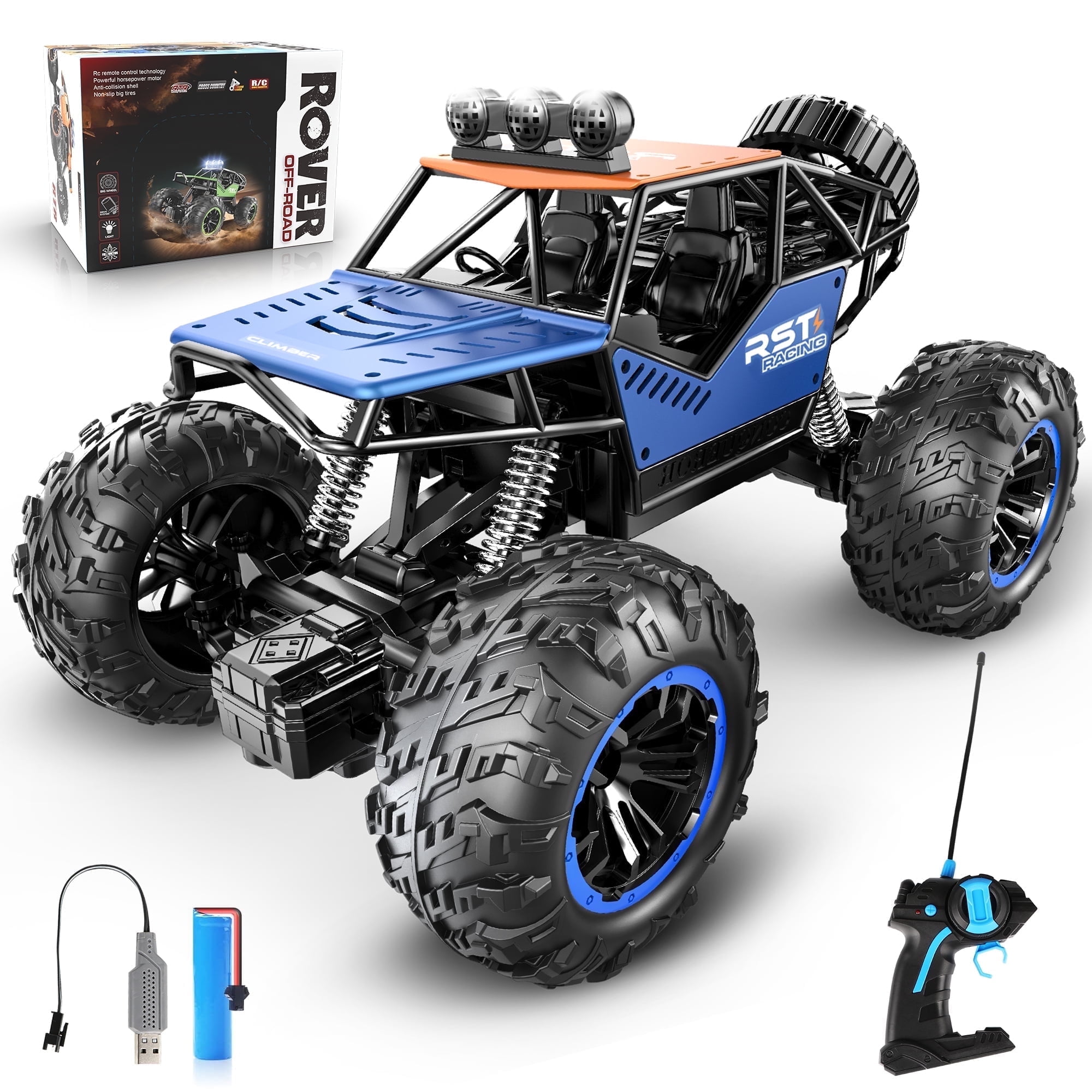 Carsky Blue Remote Control Cars 1:18, All Terrain Metal Shell 4X4 Off-Road Vehicle Monster Truck, High Speed 2.4 GHz RC Car, Christmas Birthday Gift Outdoor Toys for Kids 6+ & Adults