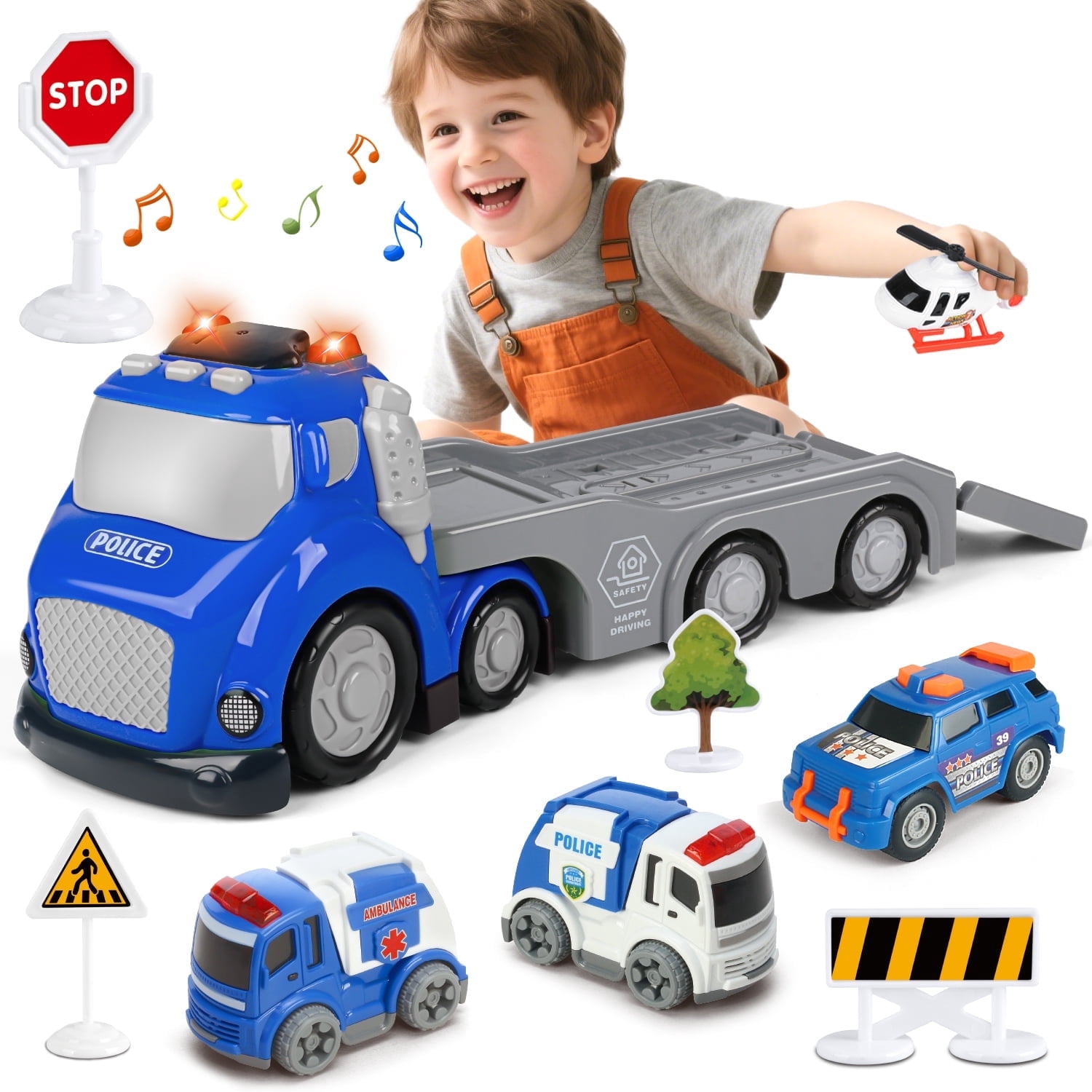 Hot Bee Toddler Police Carrier Truck Toy w/ Lights & Sounds, Mini Police Vehicles, Ambulance, Helicopter, Transport Toy for Boys Ages 3-6, Gift for Kids 3+