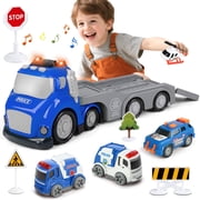 Hot Bee Toddler Police Carrier Truck Toy w/ Lights & Sounds, Mini Police Vehicles, Ambulance, Helicopter, Transport Toy for Boys Ages 3-6, Gift for Kids 3+