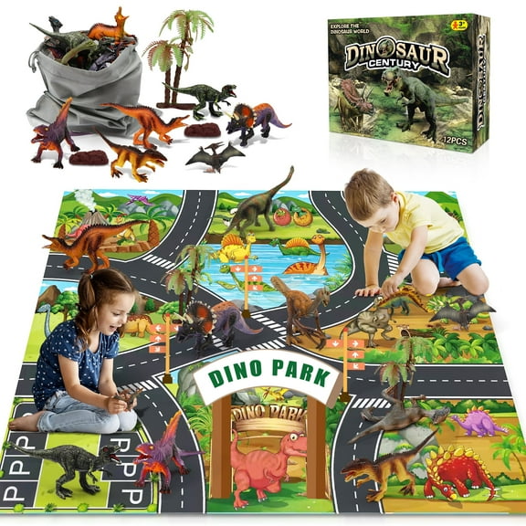 Hot Bee Dinosaur Toys Set for Kids, 12 Dinosaur Figures with Play Mat, Realistic Dinosaurs Gift for Boys Girls Age 3 4 5 6 7 8 9+
