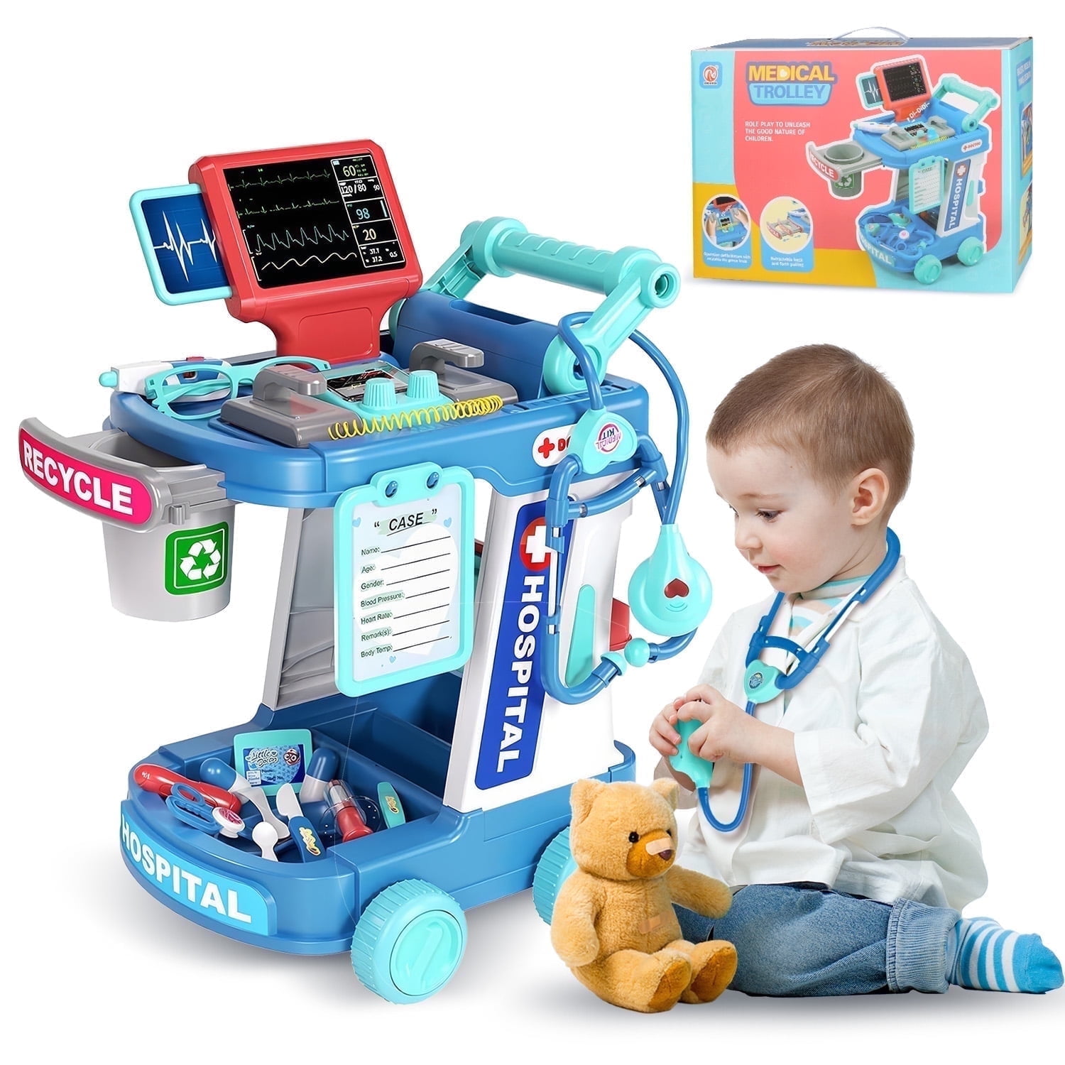 Hot Bee Doctor Trolley Cart for Kids 3+, Doctor Pretend Playset with Stethoscope for Toddlers, Role Play Christmas Gift Toys for Boys Girls 3 4 5 6(Blue)