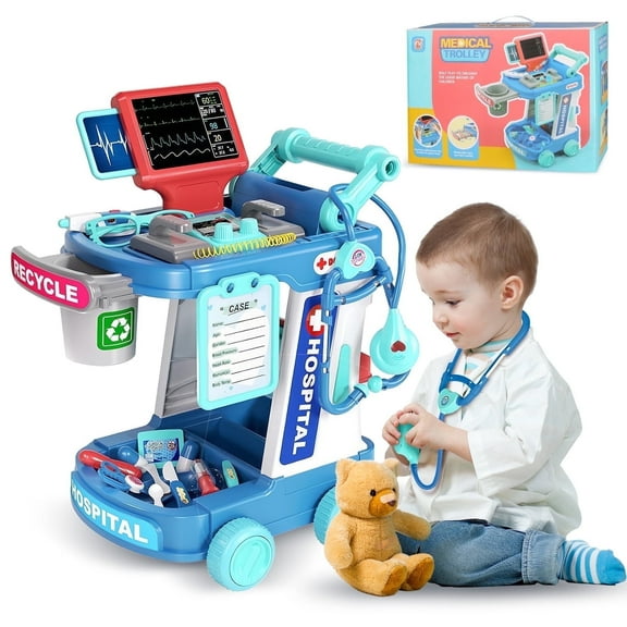 Hot Bee Doctor Trolley Cart for Kids 3+, Doctor Pretend Playset with Stethoscope for Toddlers, Role Play Christmas Gift Toys for Boys Girls 3 4 5 6(Blue)