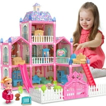 Hot Bee Doll House Girls Toy, 8 Rooms and 1 Balcony Dollhouse Furniture and Accessories with Slide, 191 Pcs, Birthday Christmas Gift for Girls Toddlers Age 3 4 5 6 7 8 9 10