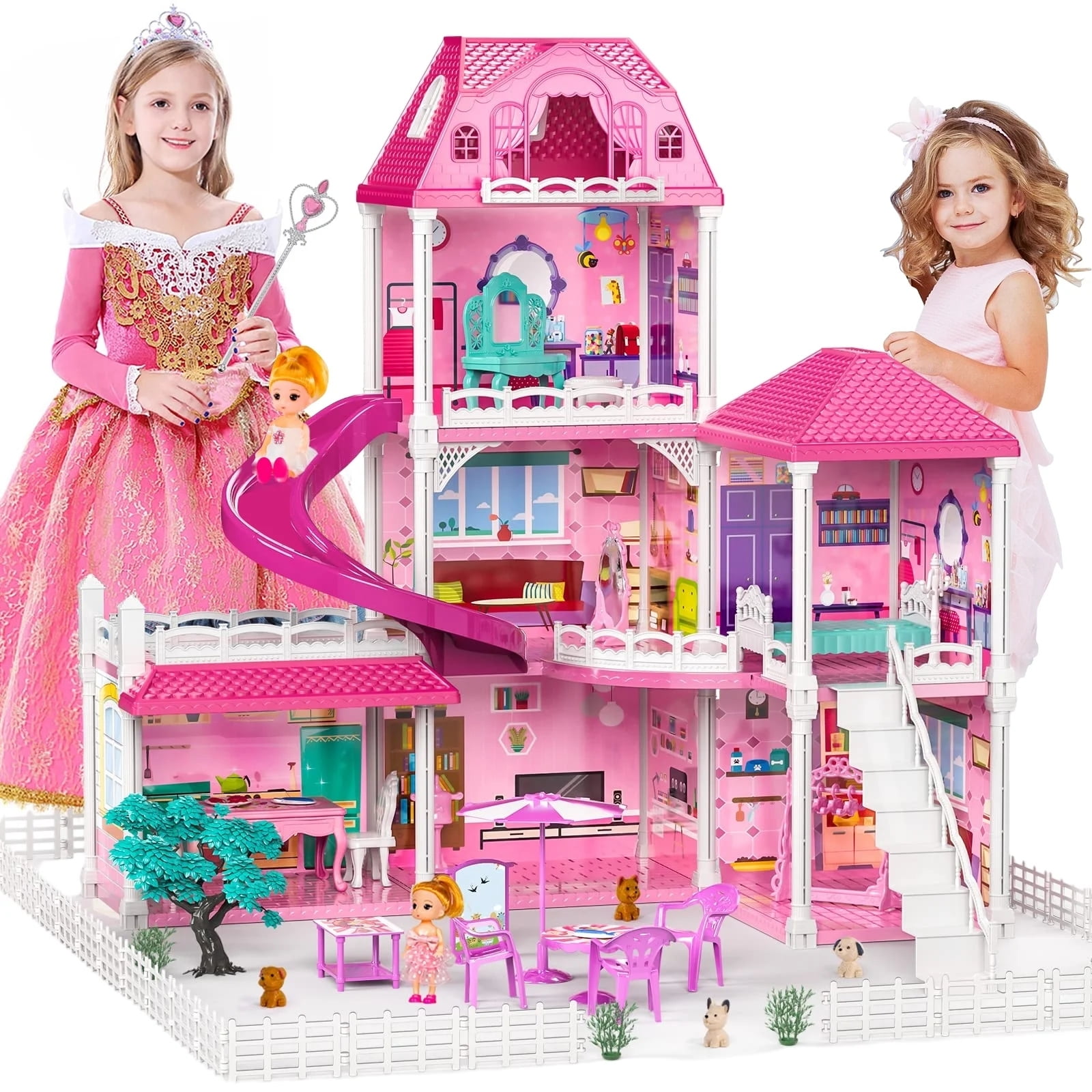 Hot Bee Dollhouse Toys for Girls, 6 Rooms Doll House Furnitures with Slide, Doll House Play for Girls Age 3+ (24.8" x 24.4" x 33.4")