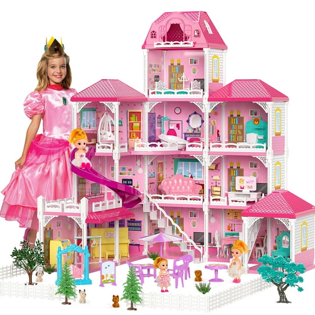 Hot Bee Dollhouse, 4-Story 12 Rooms Playhouse with 2 Dolls Toy Figures, Accessories