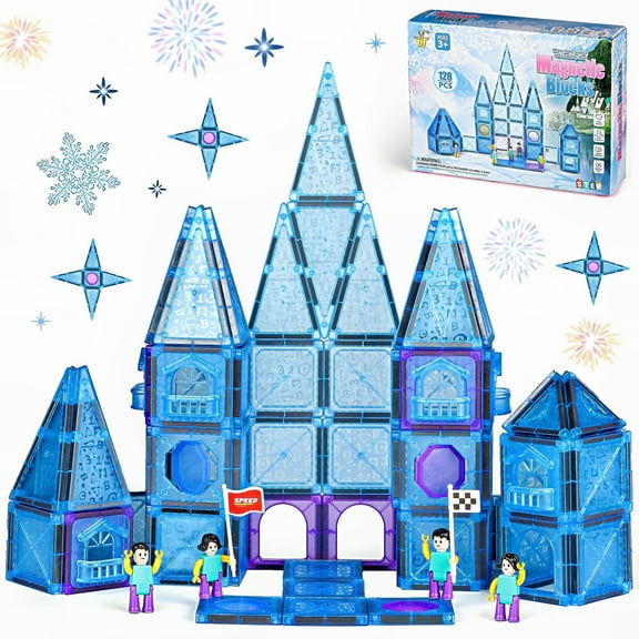 Hot Bee Magnetic Tiles 128 Pcs for Kids, Princess Castle Toys 3D Building Blocks with 4 Dolls, Educational STEM Learning Toys Christmas Toy Gifts for Girls Boys 3-6 6-8