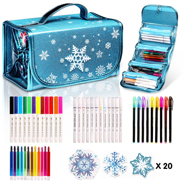 Hot Bee Fruit Scented Markers Set 56 Pcs with Snow Pencil Case,Snow Gifts for Girls Ages 4-6-8, Art Supplies for Kids, Blue