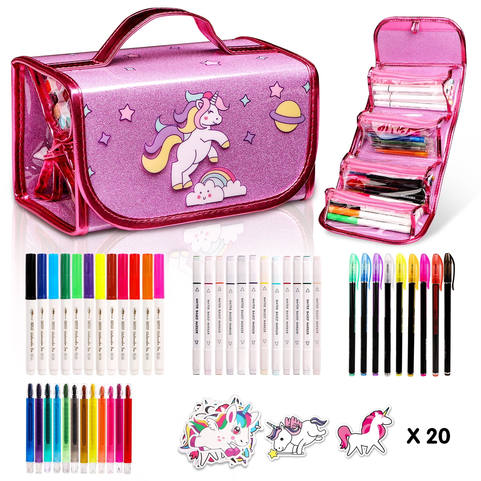 beefunni Unicorn Fruit Scented Washable Markers Set 45 pcs with Glitte  Pencil Case, Art Supplies for Kids Ages 4-6-8, Arts Crafts Coloring Set 