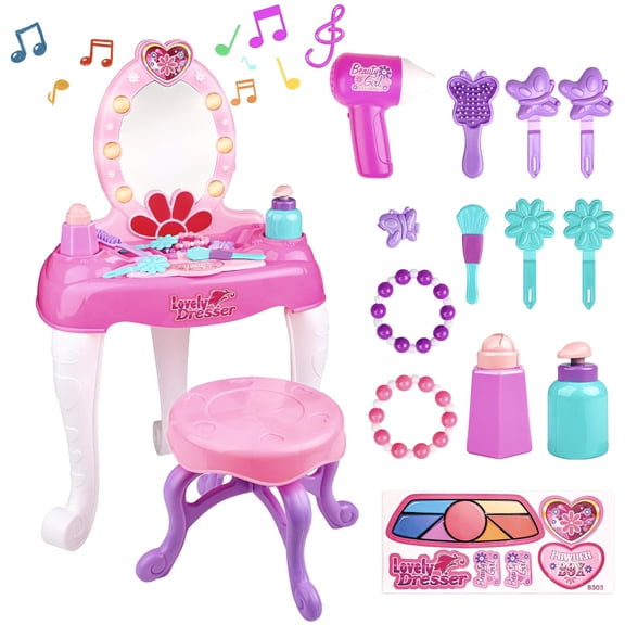 Hot Bee Girls Pretend Play Makeup Toddler Vanity Set, 19 PCS Pink Kids Makeup Table Toy with Mirror&Music, Birthday Christmas Gifts for Little Girls Toys Ages 3-6 Years Old