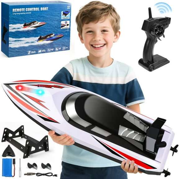 Hot Bee High Speed RC Boats for Adults Kids, 2.4 GHz 20Km/h Fast Racing Boats with Rechargeable Battery, Remote Control Electric Boats Pools and Lakes Toys for Boys Childs Age 3-7 8-12 (White)