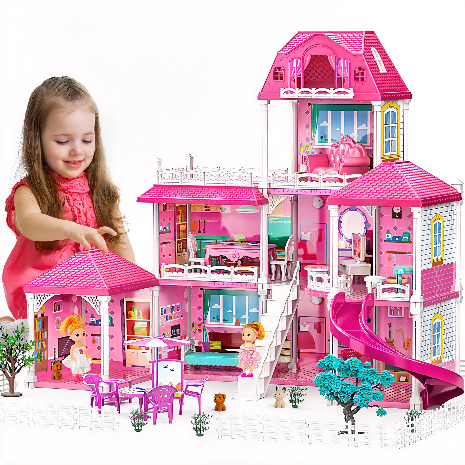 Hot Bee Kids Luxurious Dollhouse Set, 24.8'' Three-Story Villa with Slide, 7 Rooms with 2 Dolls&4 Puppys, Doll House Furniture Accessories, Pink Gift Toys for Girls 3 4 5 6+