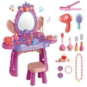 Carsky Kids Makeup Vanity Set With Mirror And Stool, Toddler Vanity Table With Lights And Sounds,Dress Up Pretend Play Toy For Girls Age 3-8