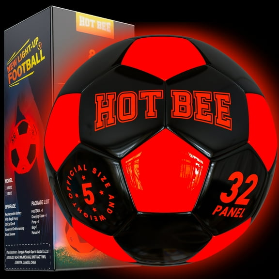 Hot Bee LED Light Up Official Size 5 Soccer Ball-Black, Rechargeable Rubber Ball with Bag & Pump, Glow in the Dark Outdoor Toy for Boys & Girls 8-12, Birthday & Christmas Gift for Teens & Adults