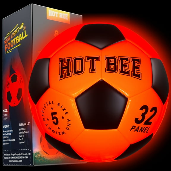 Hot Bee LED Light Up Official Size 5 Soccer Ball-Orange, Rechargeable Rubber Ball with Bag & Pump, Glow in the Dark Outdoor Toy for Boys & Girls 8-12, Birthday & Christmas Gift for Teens & Adults