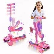 Carsky Pink Kids Scooter with Adjustable Seat, Foldable Design, Music and Lights, LED Wheels, Outdoor Activities Toy for Girls/Boys Aged 2 3 4 5 6+, Birthday Gift for Girls 3+