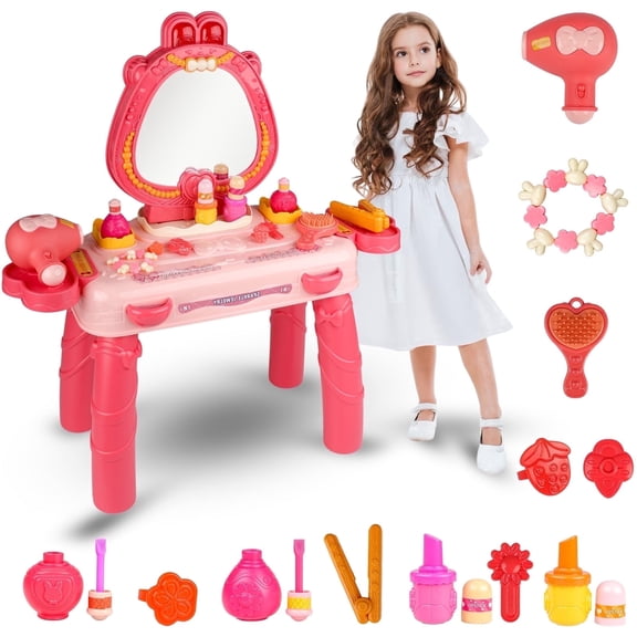 Carsky 29PCS Vanity Table Set with Mirror, Lights and Sounds, Pretend Makeup Desk, Hair Dryer, Comb, Jewelry Pieces, Beauty Styling Accessories, Pink Dressing Station