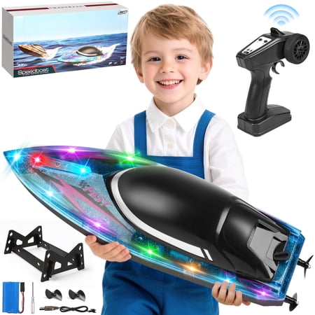 Carsky RC Boat for Kids 8-12, Fast Remote Control Boat for Water Pools with LED Lights, 2.4 GHz Racing Boats for Kids & Adults with Rechargeable Battery, Capsize Recovery, Gifts for Boys Girls