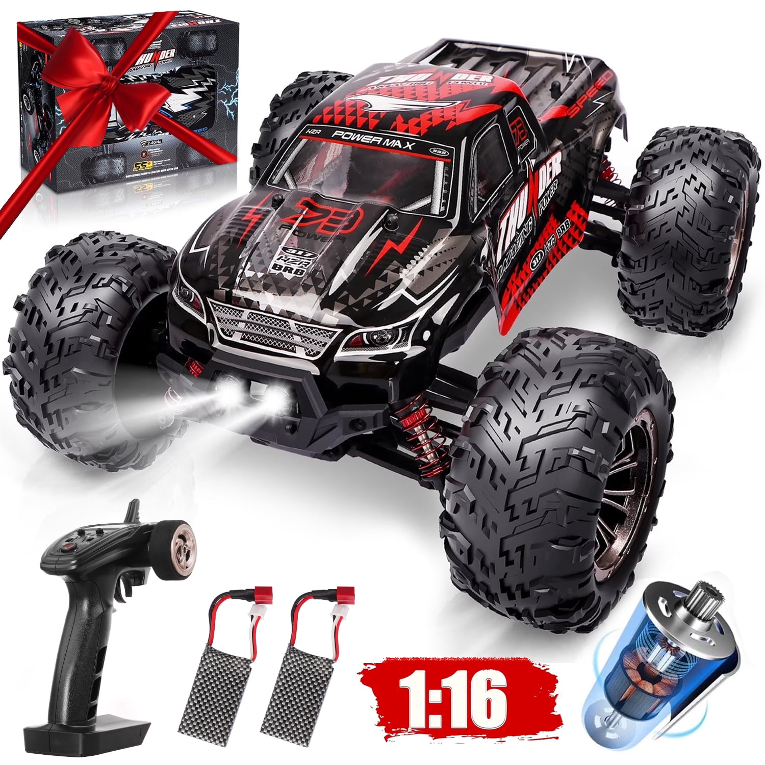 Hot Bee Remote Control Car, 1:16 RC Monster Truck, 24+ MPH 4WD Off Road with Lights Gift for Boys Kids and Adults