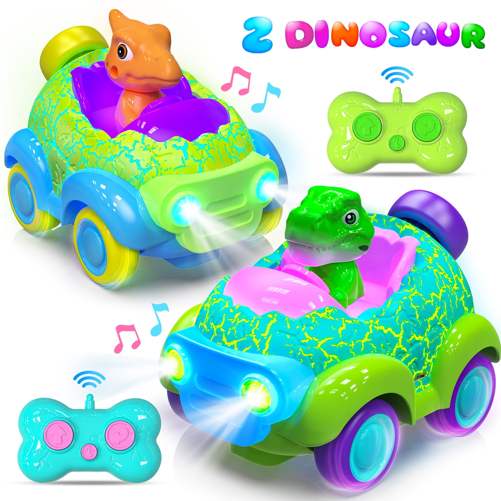 Hot Bee Remote Control Cars for Toddlers, 2 Pack Dinosaur Racing Cars Toys for Kids 2-3 with LED Lights, RC Toys for 2 3 4 5 Year Old Boys Girls, Birthday Gifts Toy for Kids