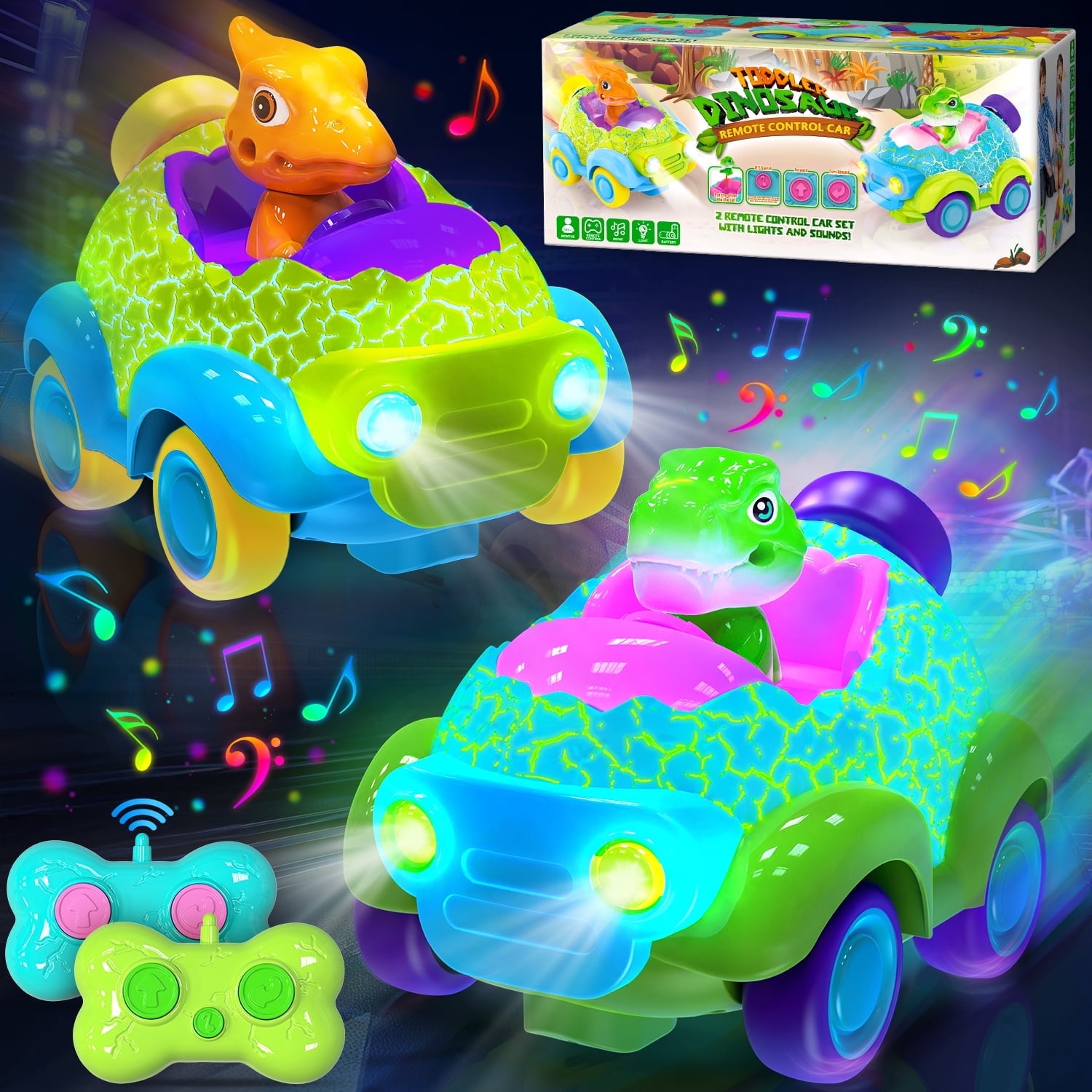 Hot Bee Remote Control Cars for Toddlers, 2 Pack Dinosaur Racing Cars Toys for Kids 2-3 with LED Lights, RC Toys for 2 3 4 5 Year Old Boys Girls, Birthday Gifts Toy for Kids