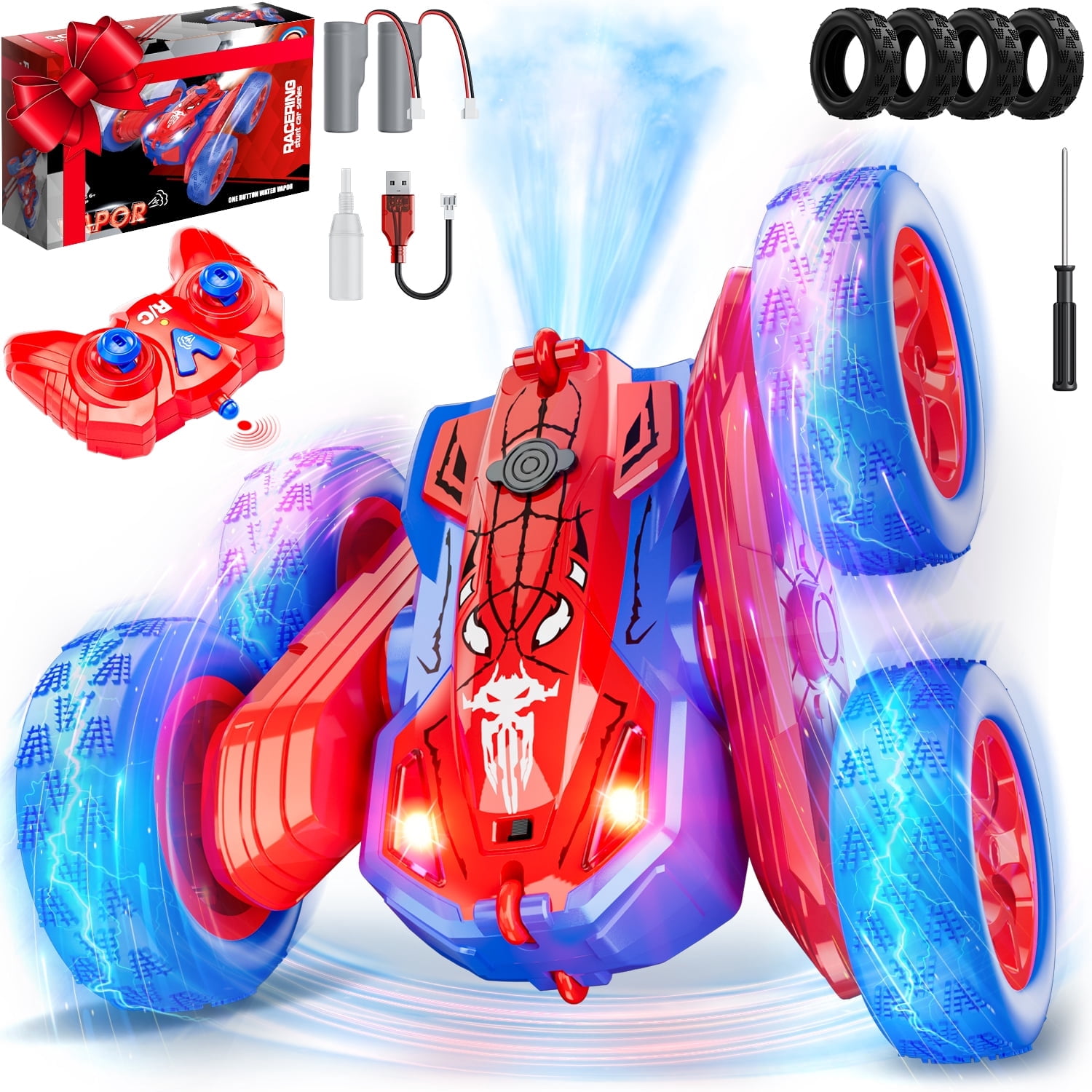 Carsky Spider Remote Control Stunt Car for Kids 5-12, 360° Spin RC Car w/ Smokes & Light, Rechargeable Double-Sided 4WD Off-Road Indoor Outdoor Toys, Gift for Boys Girls 5-7 8-12