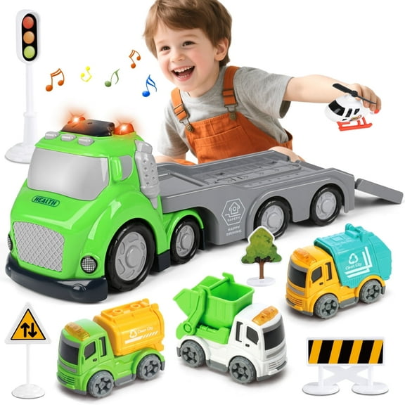 Hot Bee Garbage Recycling Carrier Truck Toy with Lights & Sounds, Sanitation Vehicle Toy for Boys Age 3+, Transport Trash Playset w/ Mini Cars Gift for Boys 3-5