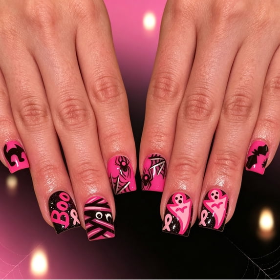 Hot Black Short Halloween Press On Nails 24Pcs Kit, Ghost Web Mummy Prints Spooky Fake Nails Set, Reusable False Nails for Party Daily Street Style Women Girls