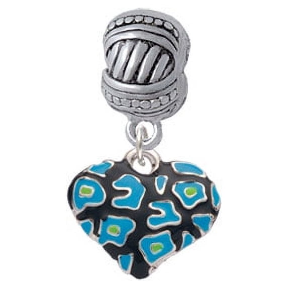 Hot Blue Cheetah Print Heart - Large Rope with Cross Beads Charm Bead
