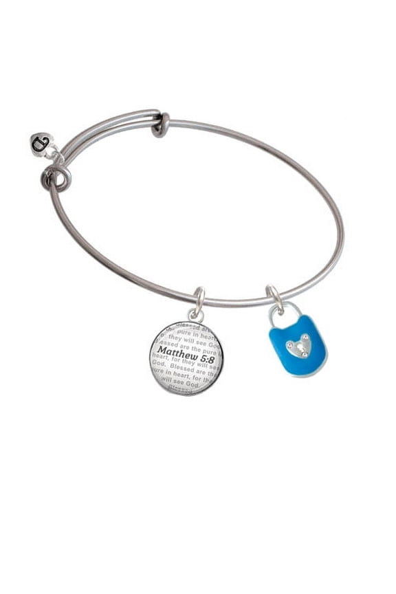 Hot Blue Enamel Lock with Clear Crystals - Bible Verse Matthew 5:8 Glass Dome Bangle Bracelet