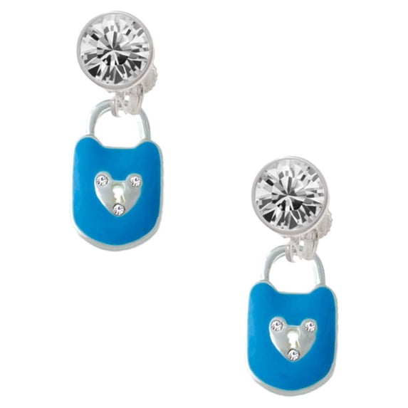 Hot Blue Enamel Lock with Clear Crystals Clear Crystal Clip On Earrings