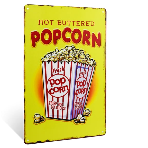 Hot Buttered Popcorn Metal Sign Retro Movie Theater Concessions Stand Wall Art Man Cave Home Bar Decor