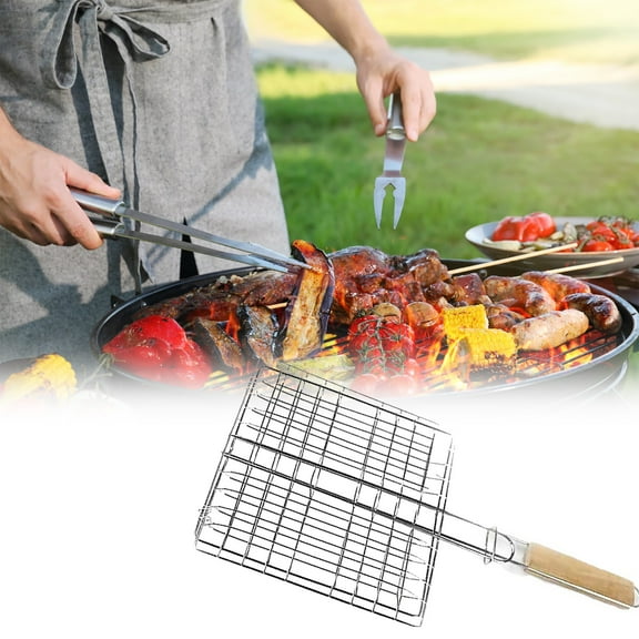 Stainless Steel Barbecue Grill Basket with Wood Handle for Fish Meat Bread Outdoor Cooking