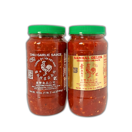 Hot Chili Paste Sauce - Garlic Chili 18oz Sambal Oelek 18oz 2-Pack Bundle