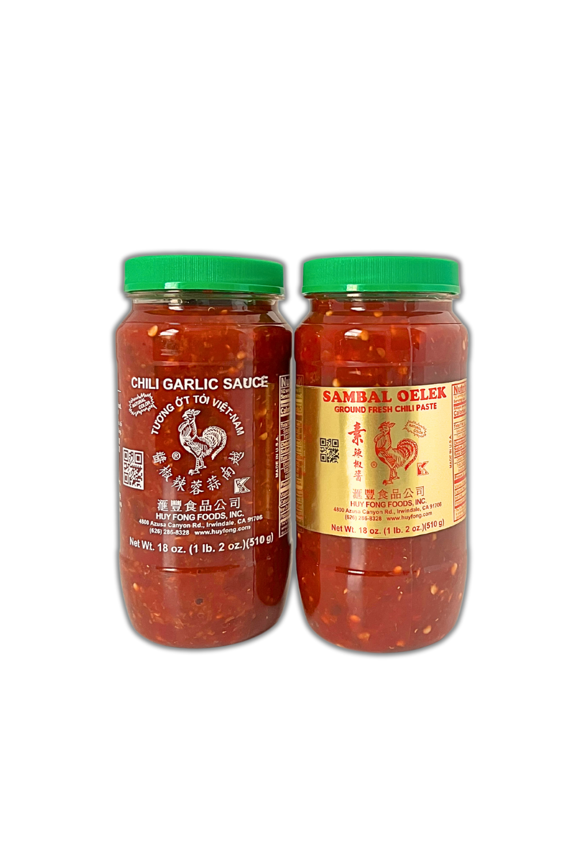 Hot Chili Paste Sauce - Garlic Chili 18oz Sambal Oelek 18oz 2-Pack Bundle