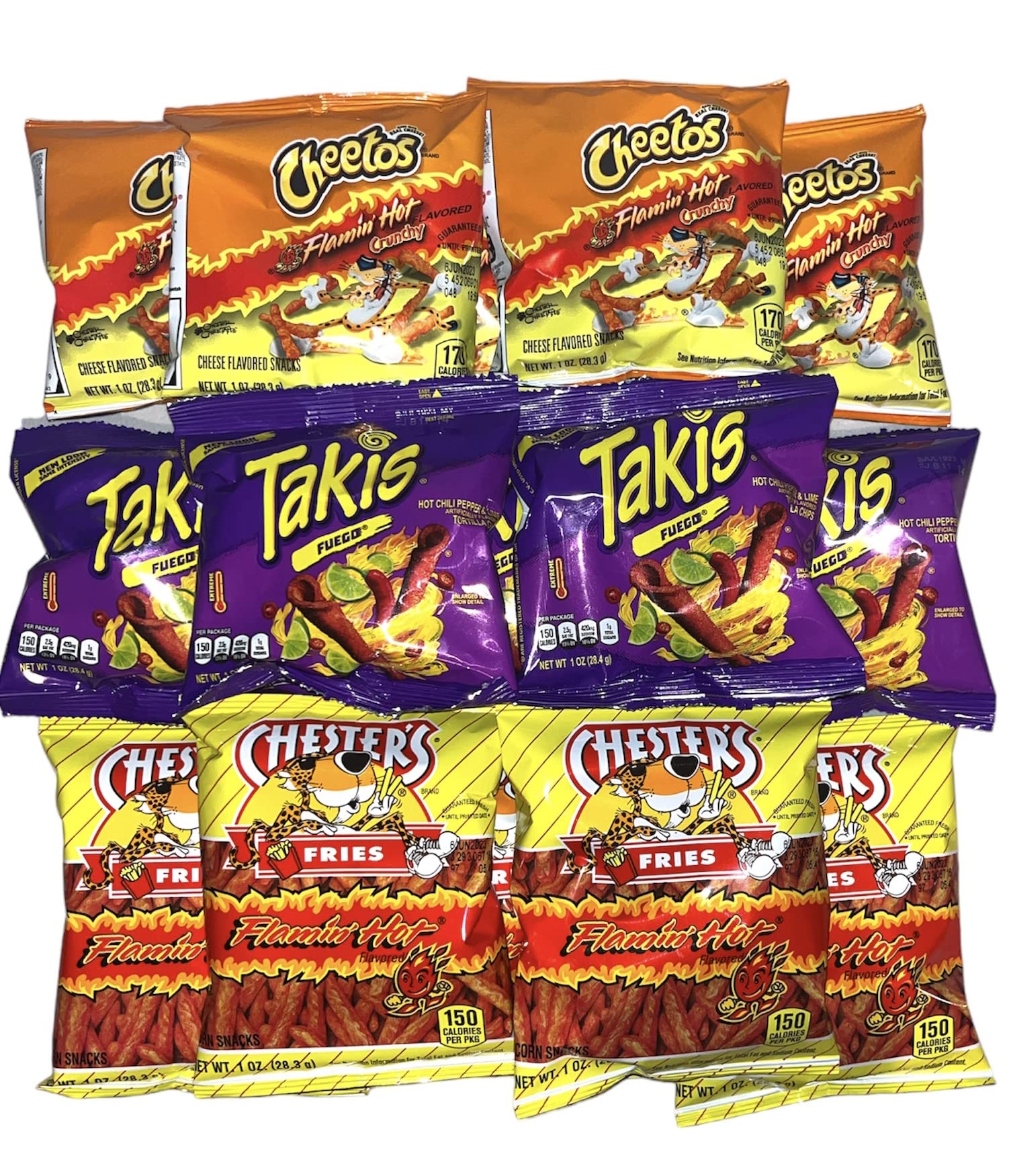 Hot Chips Variety Pack Takis Fuego, Flamin' Hot Cheetos, and Chester's Hot Fries Pack of 12